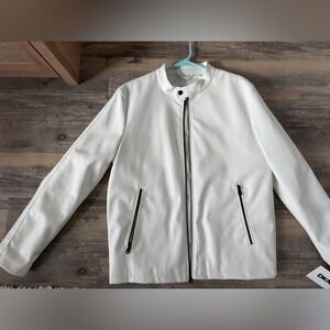 White DKNY Biker Jacket with Black Zippers